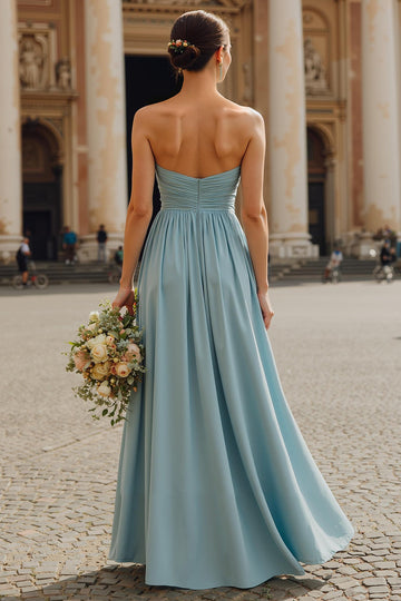 Dusty Blue A Line Chiffon Strapless Neck Scarf Long Bridesmaid Dress